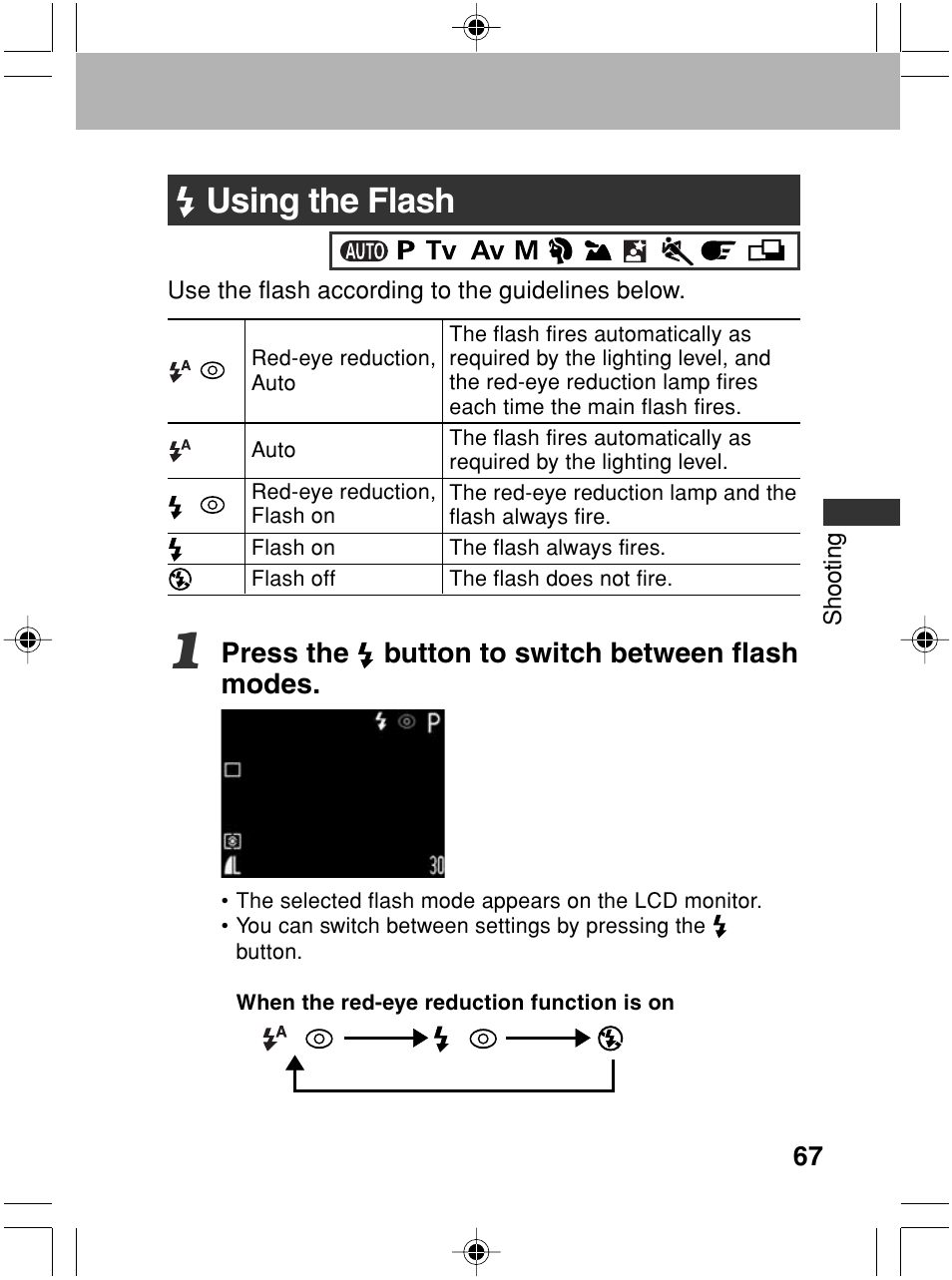 Using the flash, Press the button to switch between flash modes | Canon A70 User Manual | Page 72 / 231