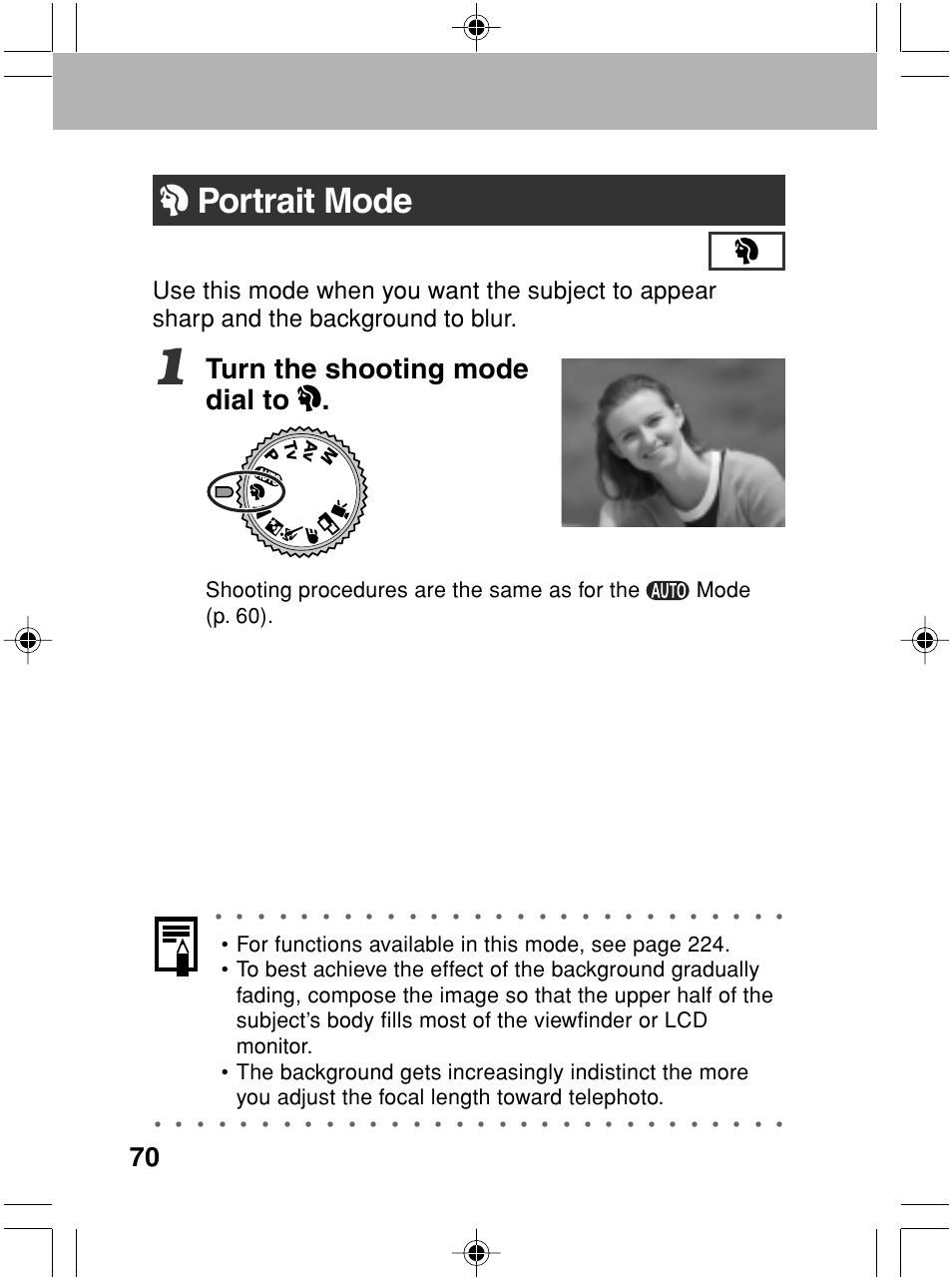 Portrait mode, Turn the shooting mode dial to | Canon A70 User Manual | Page 75 / 231