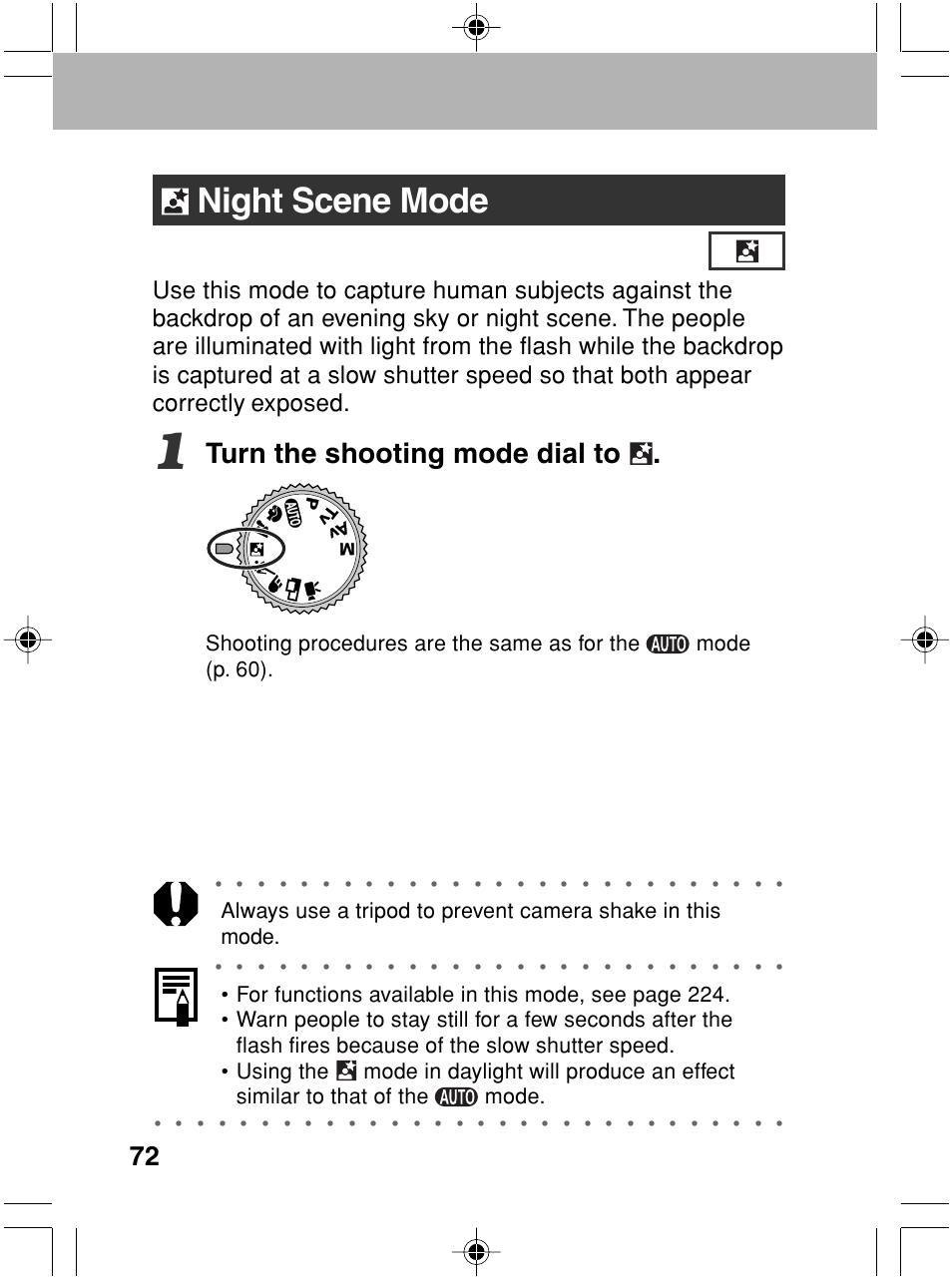 Night scene mode, Turn the shooting mode dial to | Canon A70 User Manual | Page 77 / 231