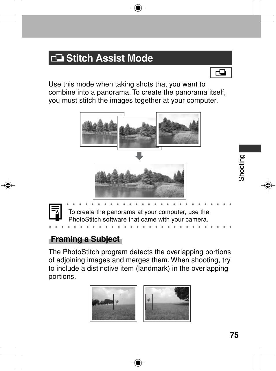 Stitch assist mode, Framing a subject, Shooting | Canon A70 User Manual | Page 80 / 231