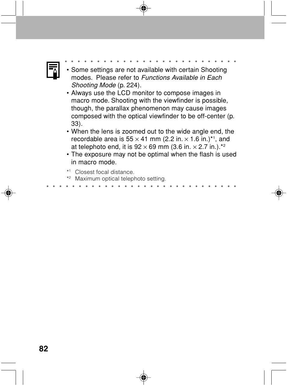 Functions available in each shooting mode, Closest focal distance, Maximum optical telephoto setting | Canon A70 User Manual | Page 87 / 231