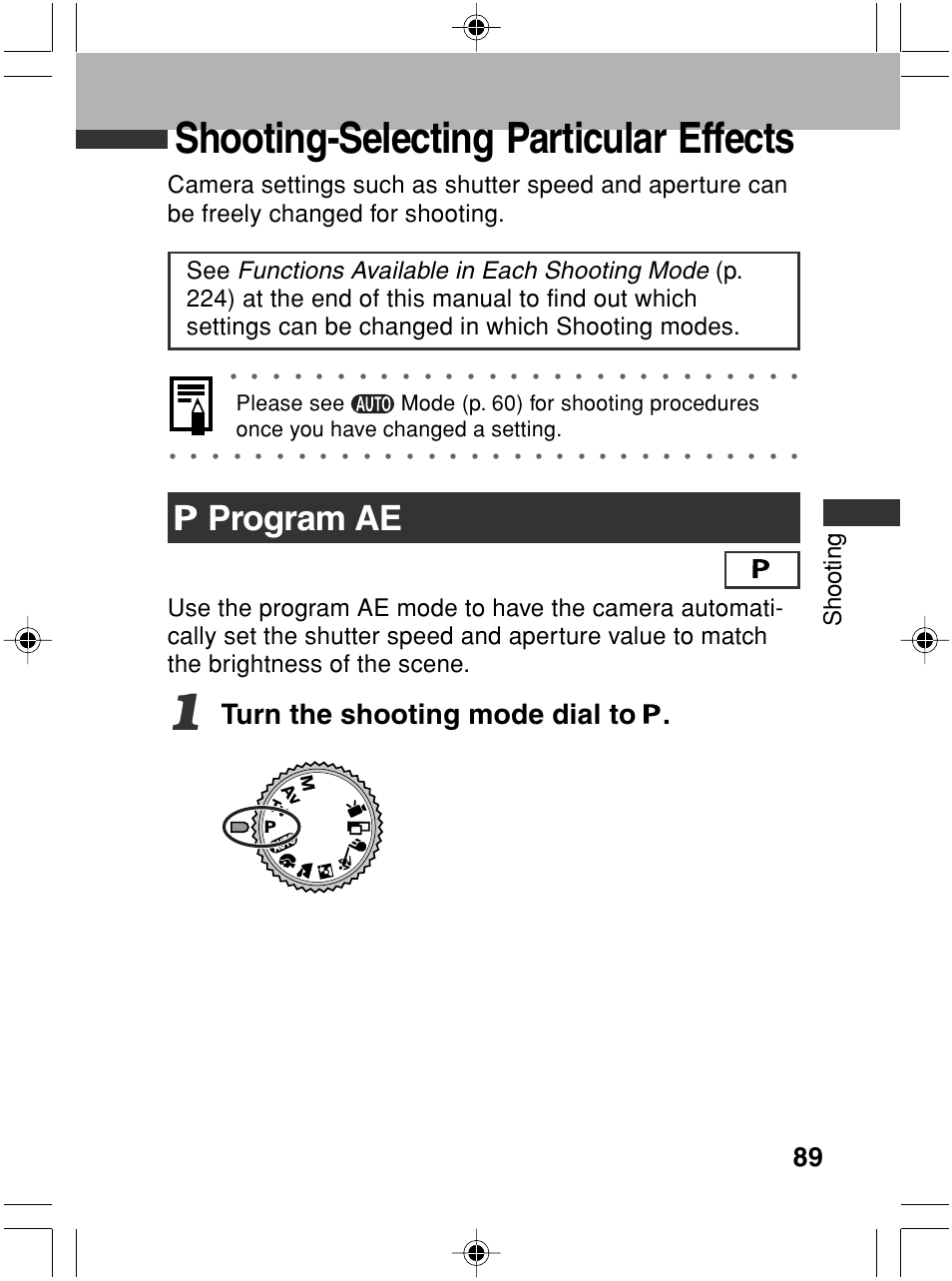 Shooting-selecting particular effects, Program ae, Turn the shooting mode dial to | Shooting | Canon A70 User Manual | Page 94 / 231