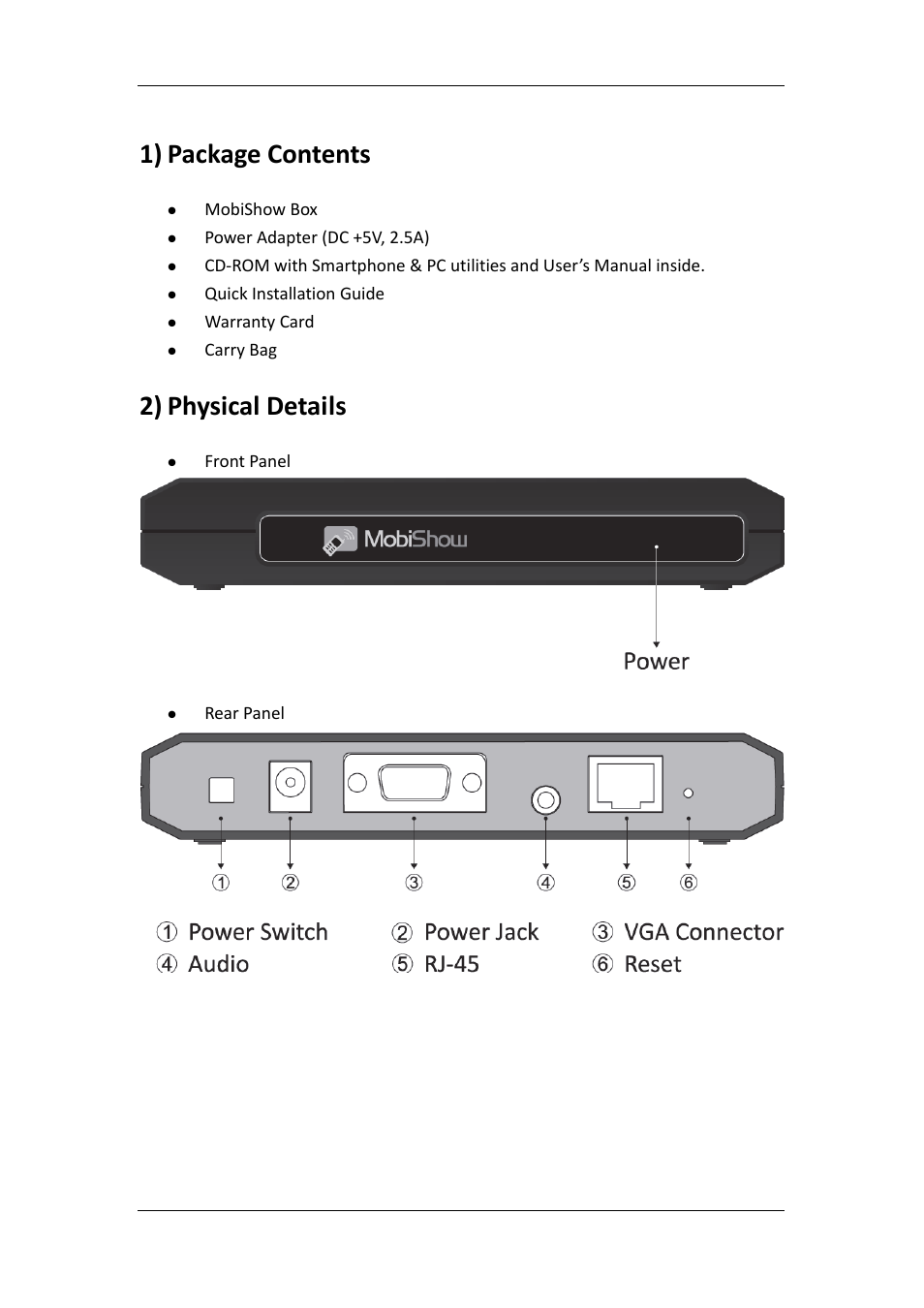 1) package contents, 2) physical details | Awind MobiShow MS‐200 User Manual | Page 2 / 5