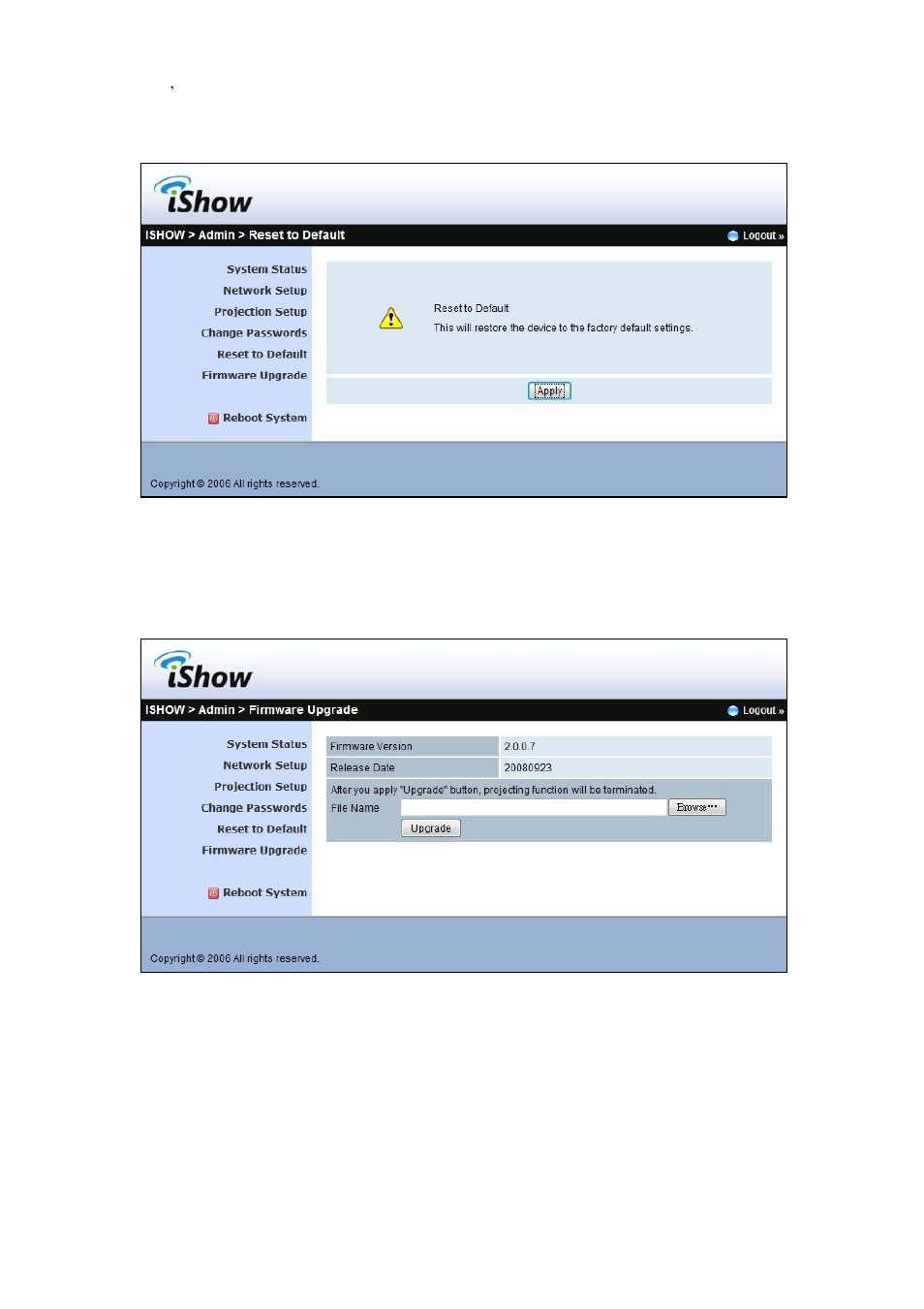 N reset to default, N firmware upgrade | Awind iShow / DHP-2010C User Manual | Page 22 / 25