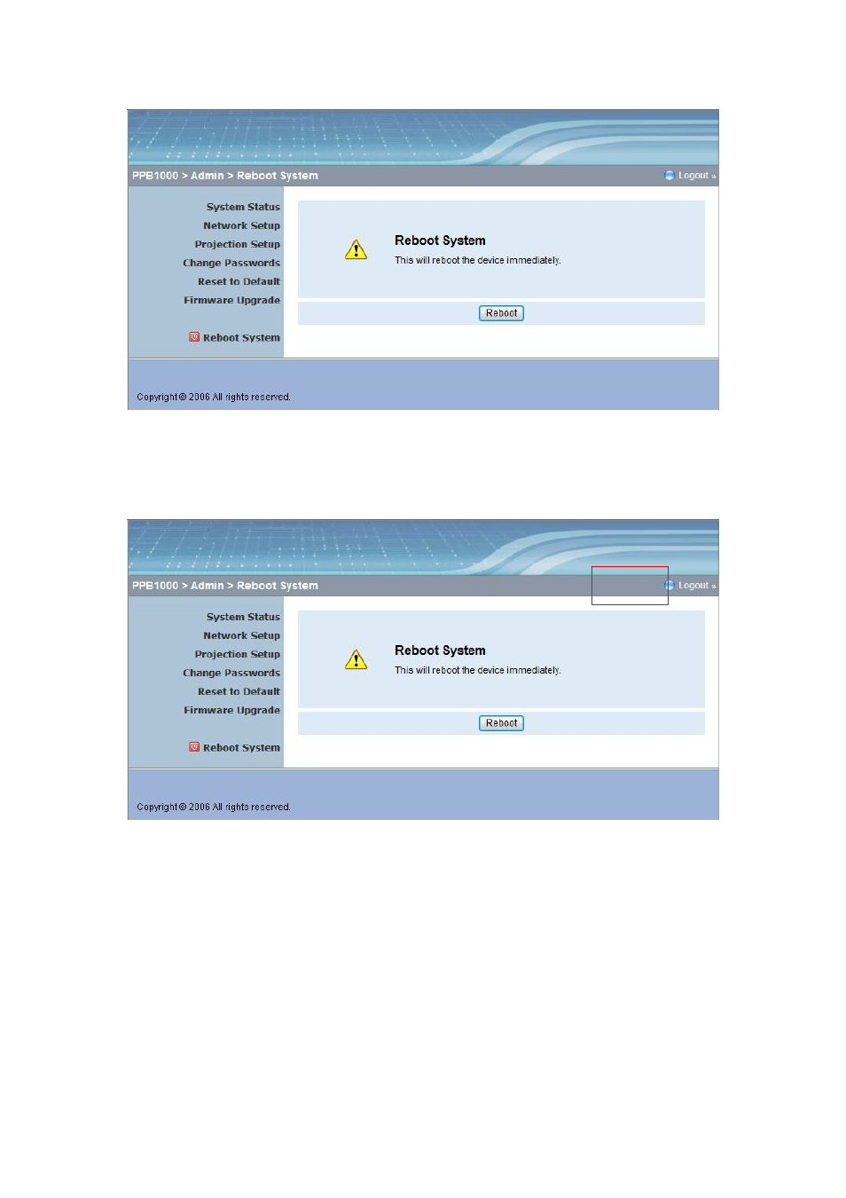 Reboot system, Logout | Awind PPbox DHP-3020B User's Manual User Manual | Page 20 / 21
