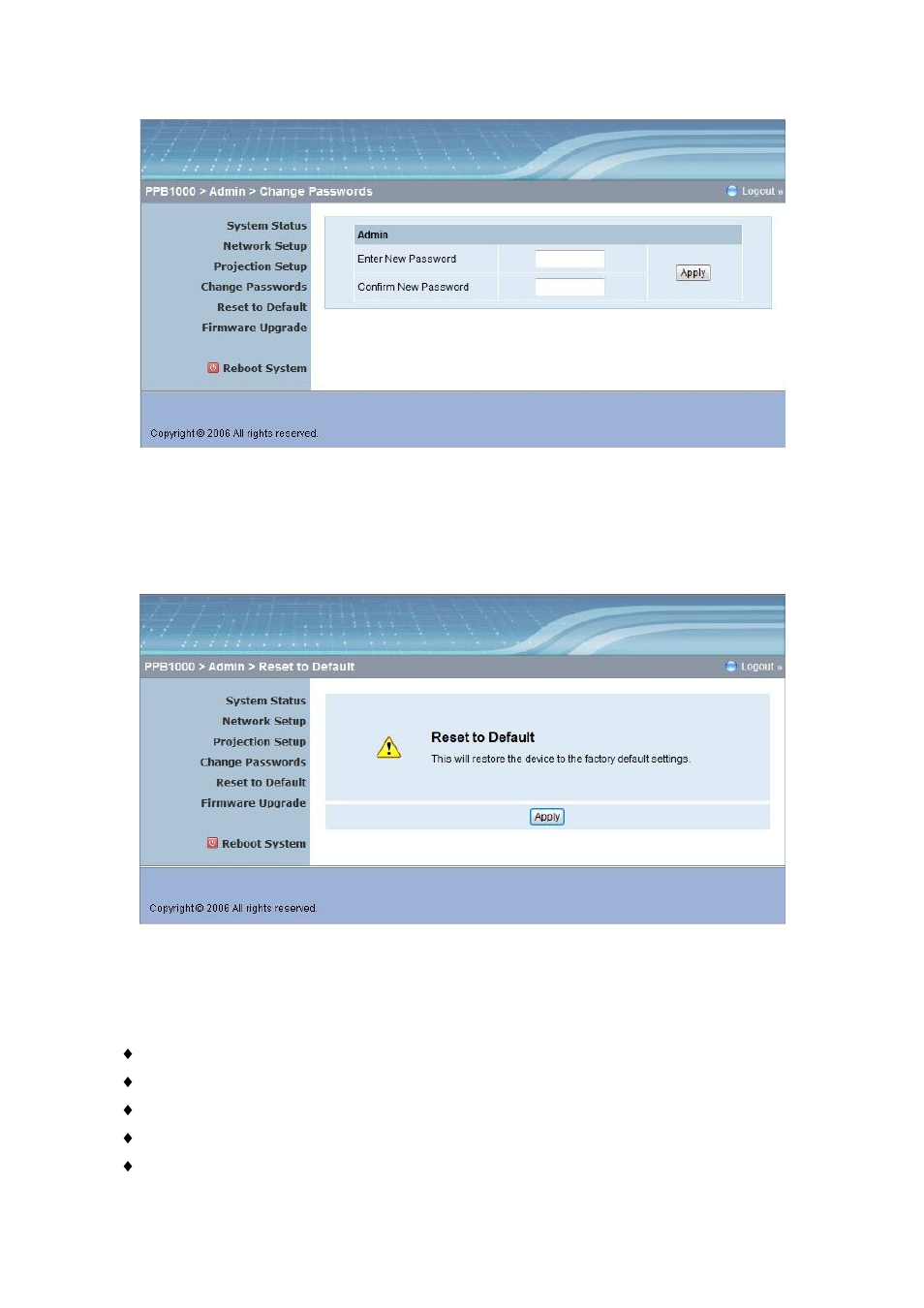 Change passwords, Reset to default | Awind DHP-4030A User's Manual User Manual | Page 20 / 23
