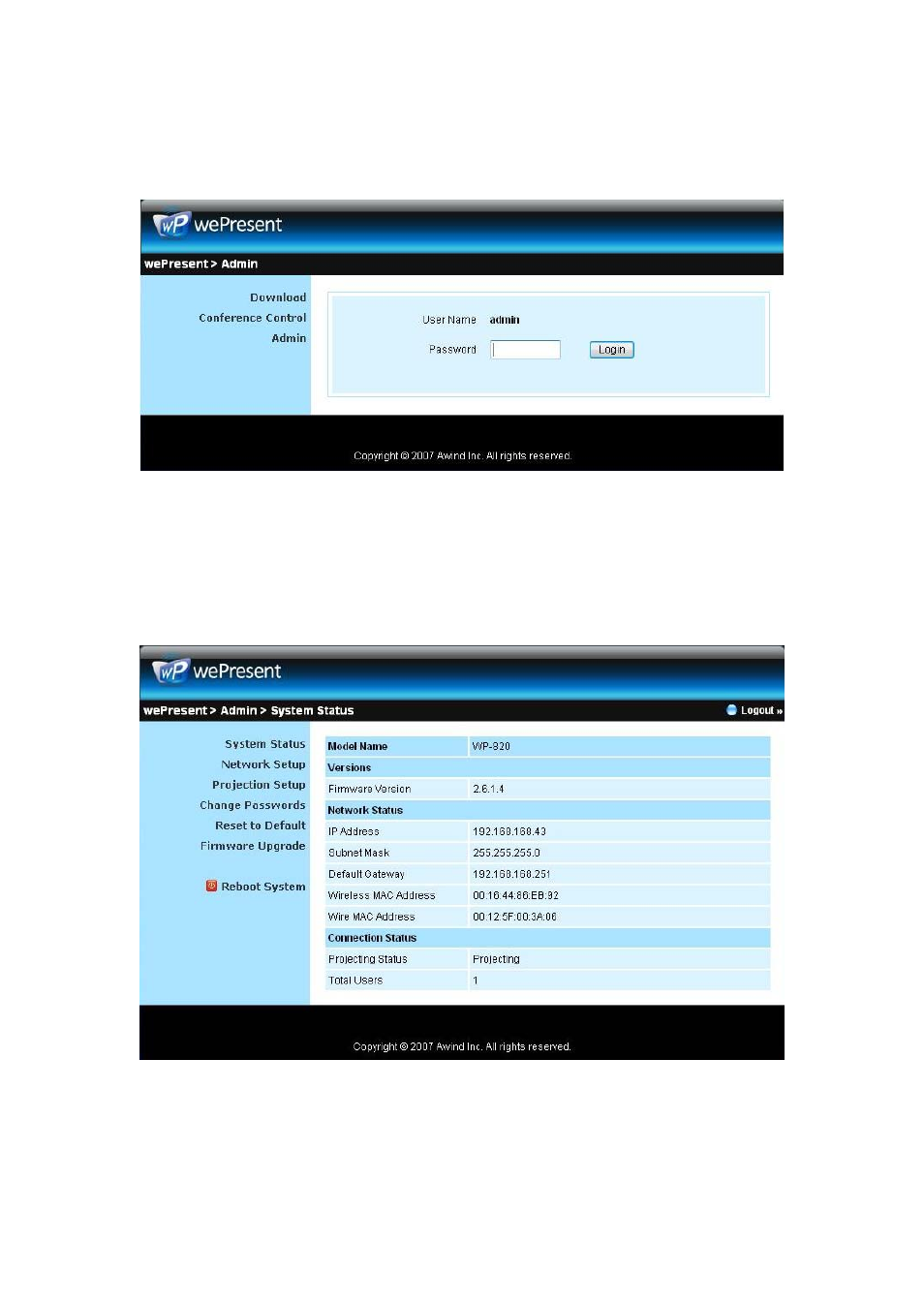 Login web admin, System status | Awind WP-820 User's Manual User Manual | Page 24 / 31