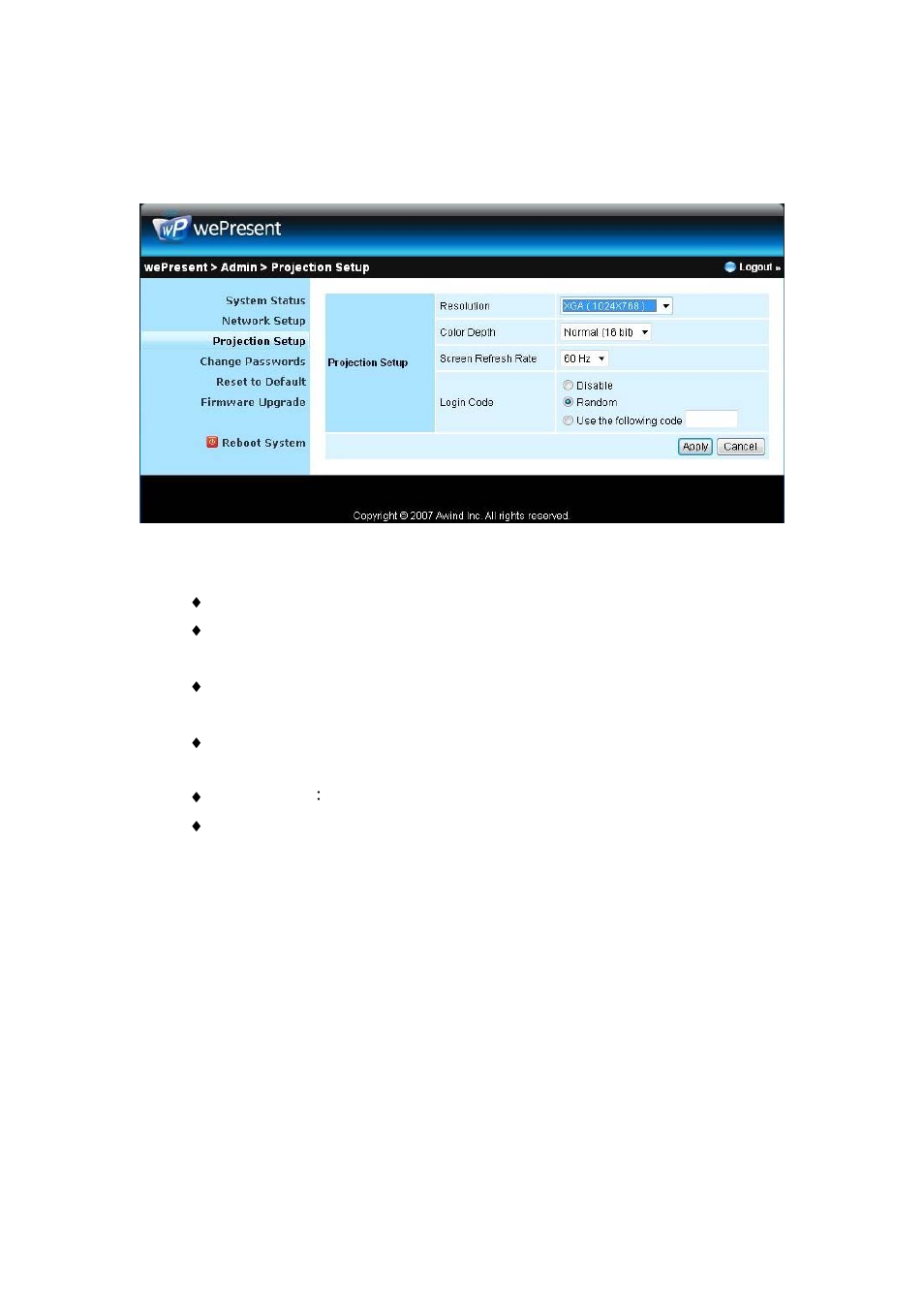 Projection setup | Awind WP-820 User's Manual User Manual | Page 27 / 31