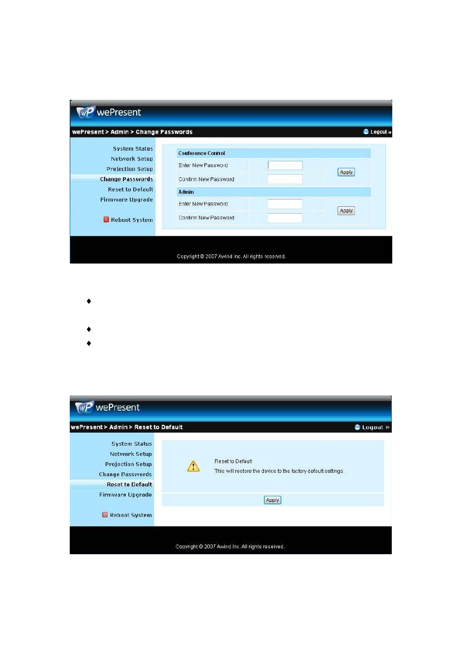 Change passwords, Reset to default | Awind WP-820 User's Manual User Manual | Page 28 / 31