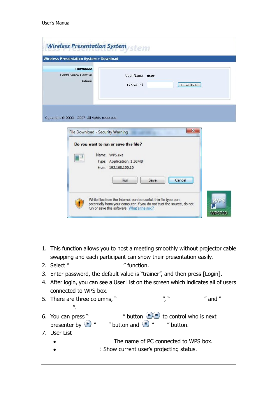 Conference control | Awind WPS-720 User's Manual User Manual | Page 19 / 30