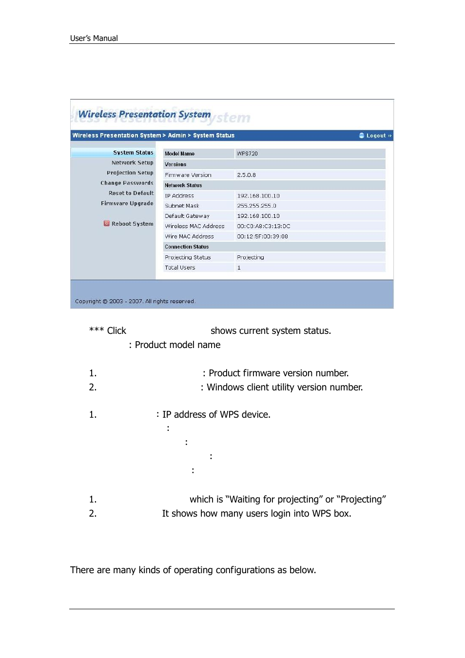 System status, Network setup | Awind WPS-720 User's Manual User Manual | Page 22 / 30