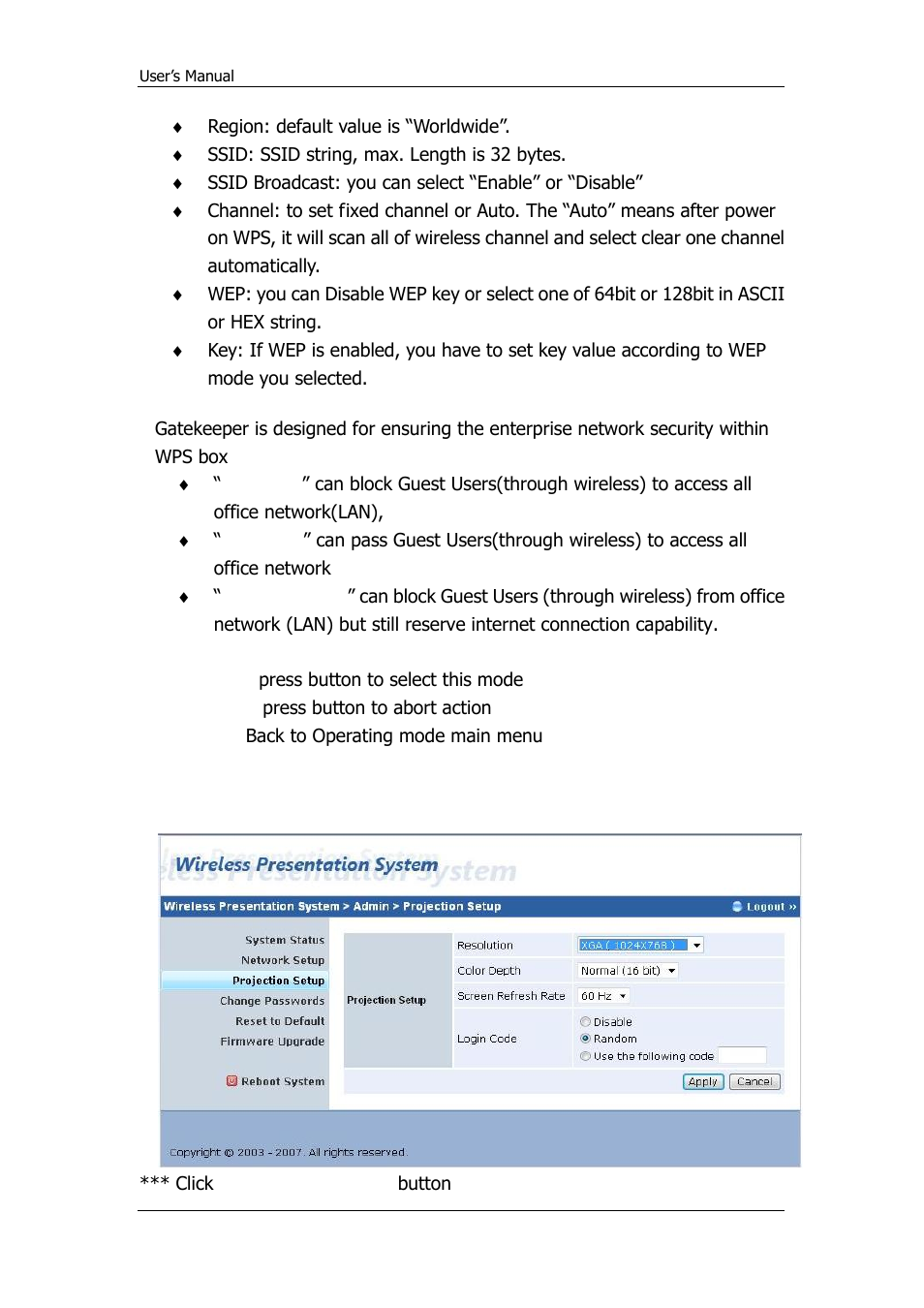 Projection setup | Awind WPS-720 User's Manual User Manual | Page 24 / 30