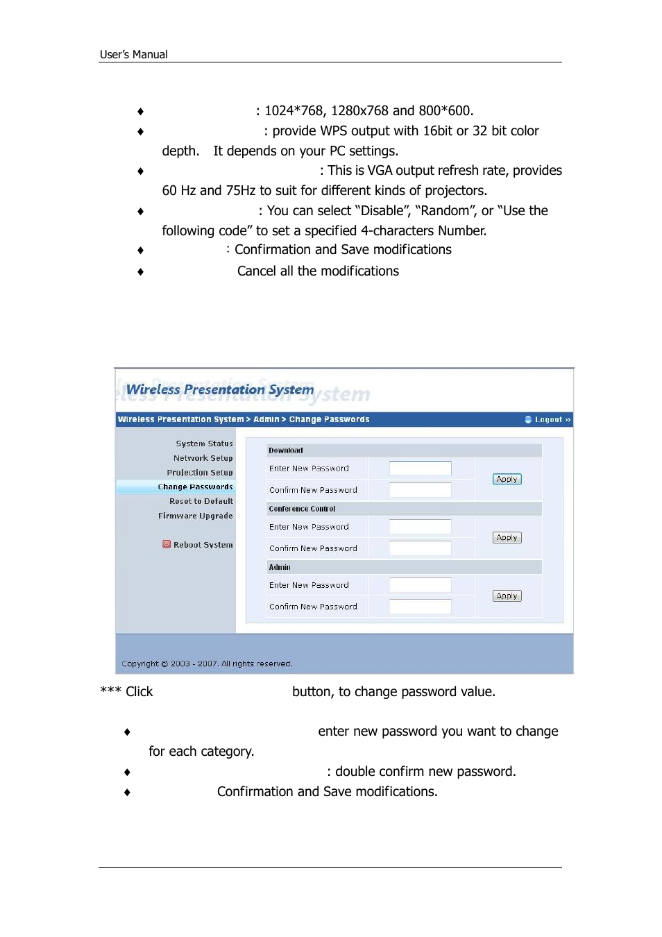 Change passwords | Awind WPS-720 User's Manual User Manual | Page 25 / 30