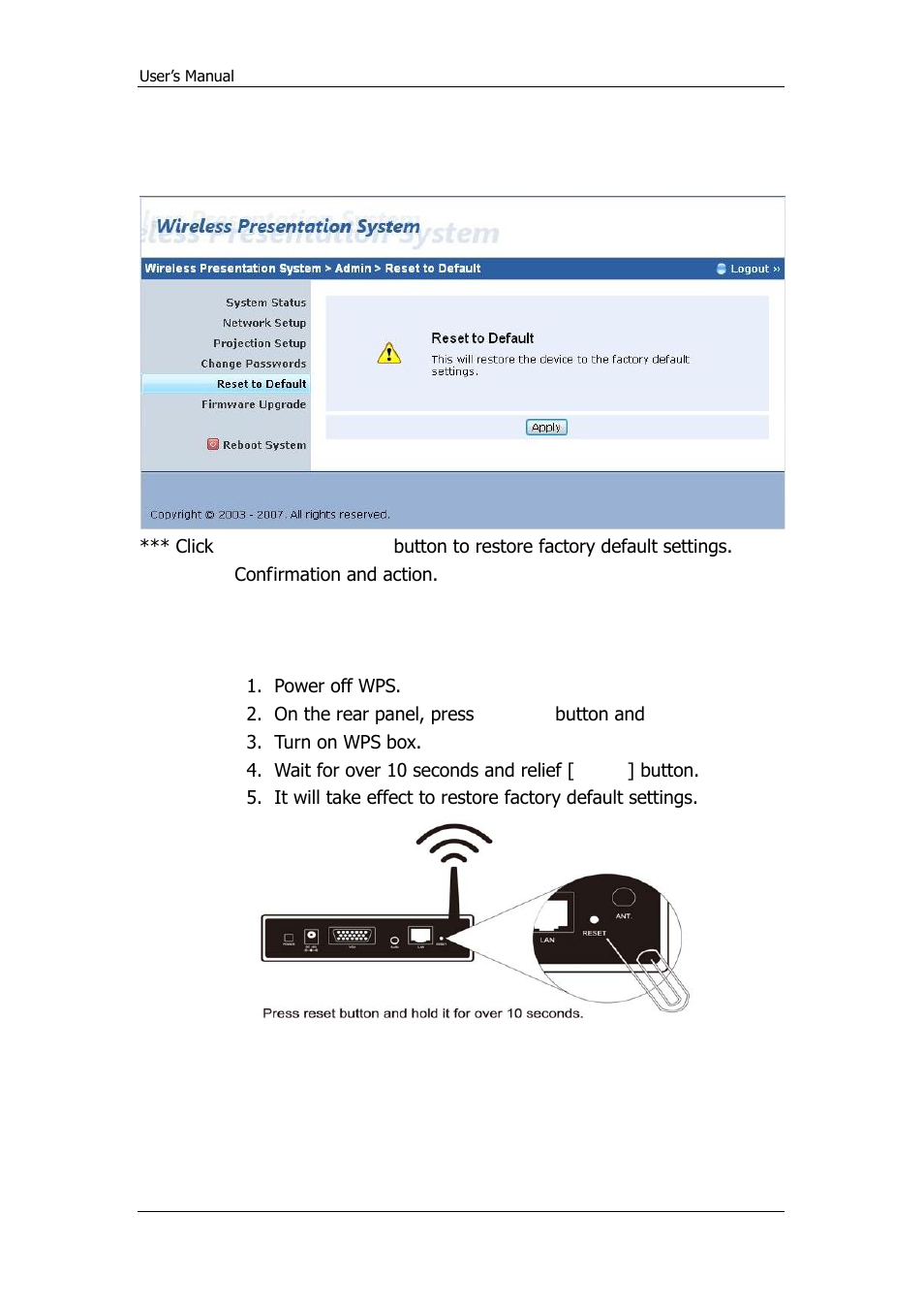 Reset to default | Awind WPS-720 User's Manual User Manual | Page 26 / 30