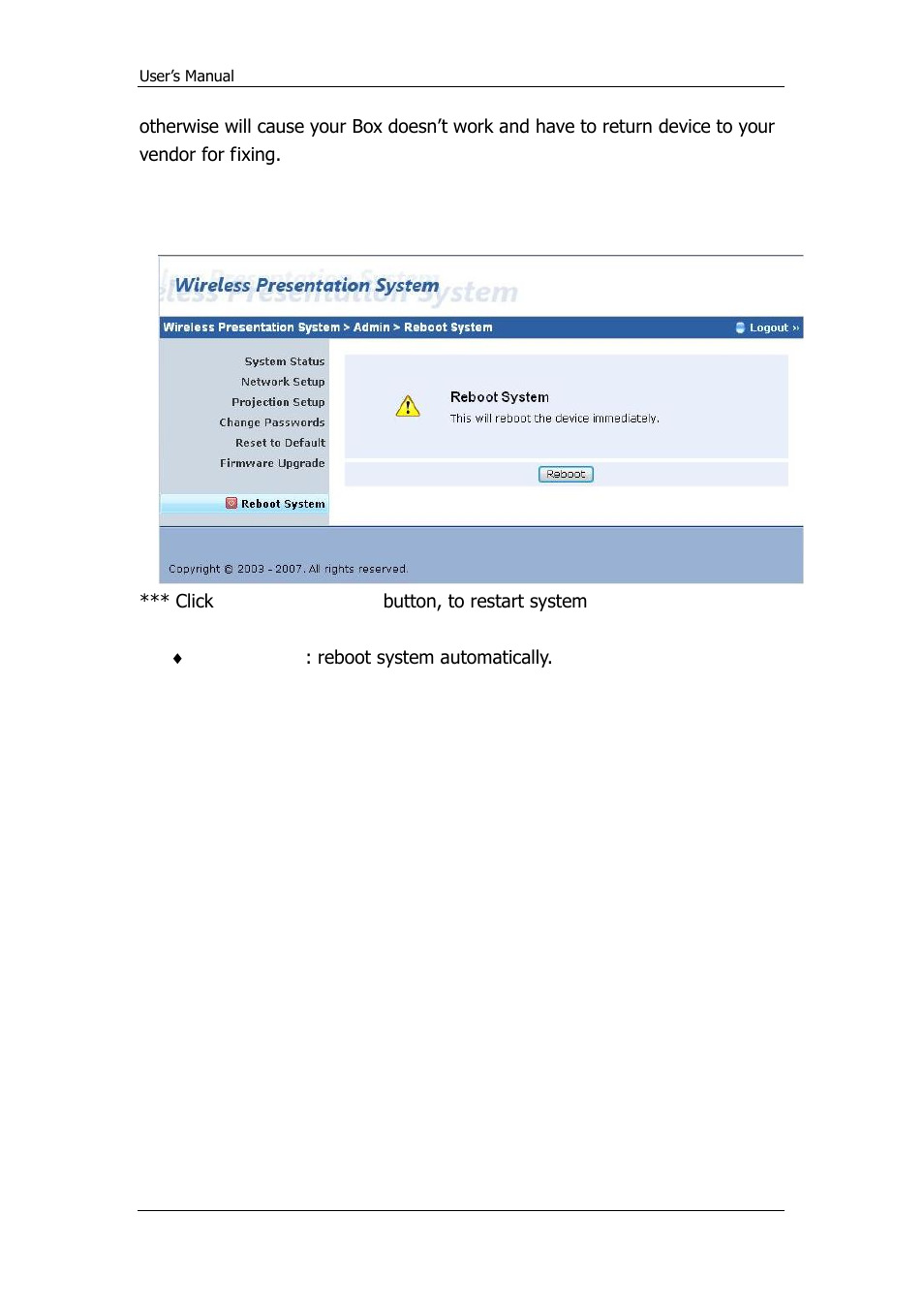 Reboot system | Awind WPS-720 User's Manual User Manual | Page 28 / 30