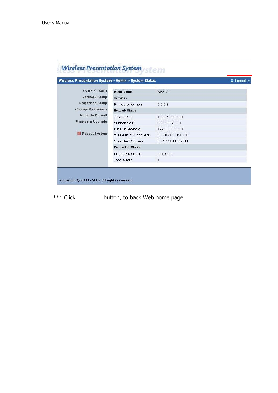 Logout | Awind WPS-720 User's Manual User Manual | Page 29 / 30