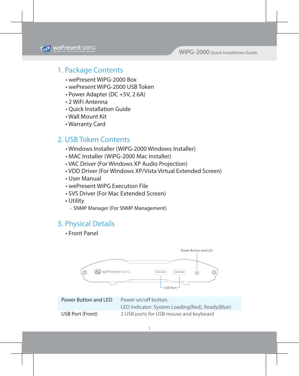 Package contents, Usb token contents, Physical details | Awind wePresent WiPG-2000 Quick Install Guide User Manual | Page 3 / 23
