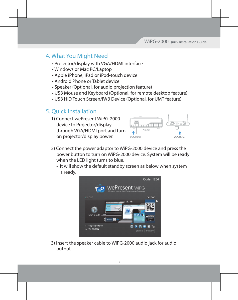 What you might need, Quick installation | Awind wePresent WiPG-2000 Quick Install Guide User Manual | Page 5 / 23