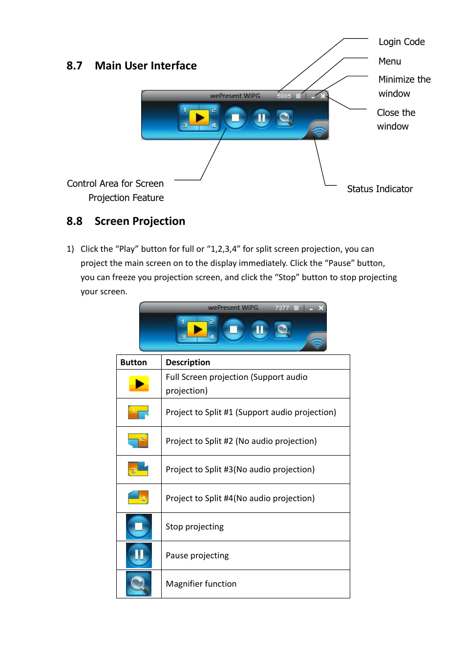 7 main user interface, 8 screen projection | Awind wePresent WiPG-1500 User's Manual User Manual | Page 27 / 68