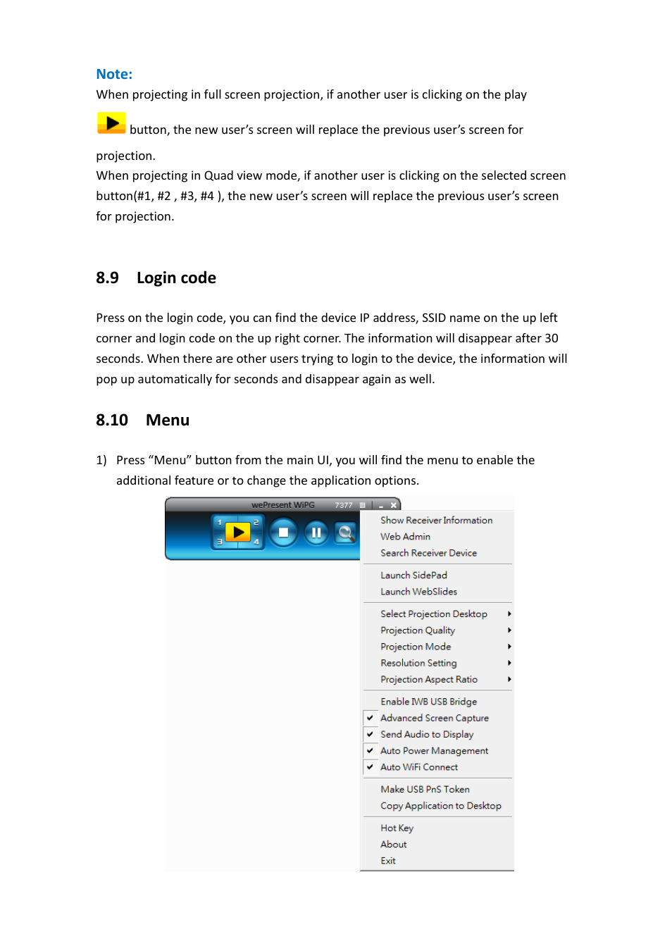 9 login code, 10 menu | Awind wePresent WiPG-1500 User's Manual User Manual | Page 28 / 68