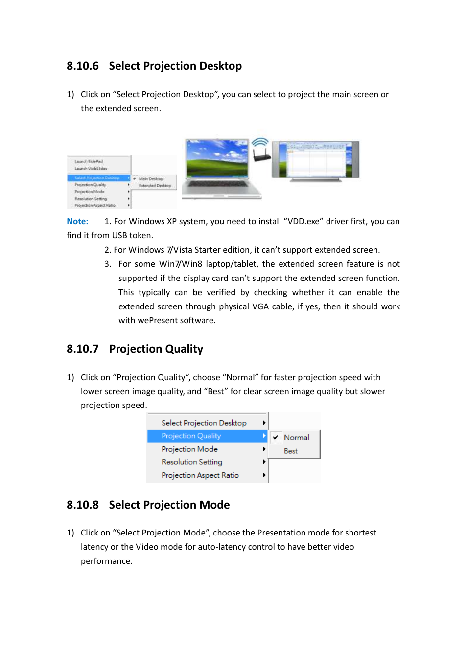 6 select projection desktop, 7 projection quality, 8 select projection mode | Awind wePresent WiPG-1500 User's Manual User Manual | Page 33 / 68