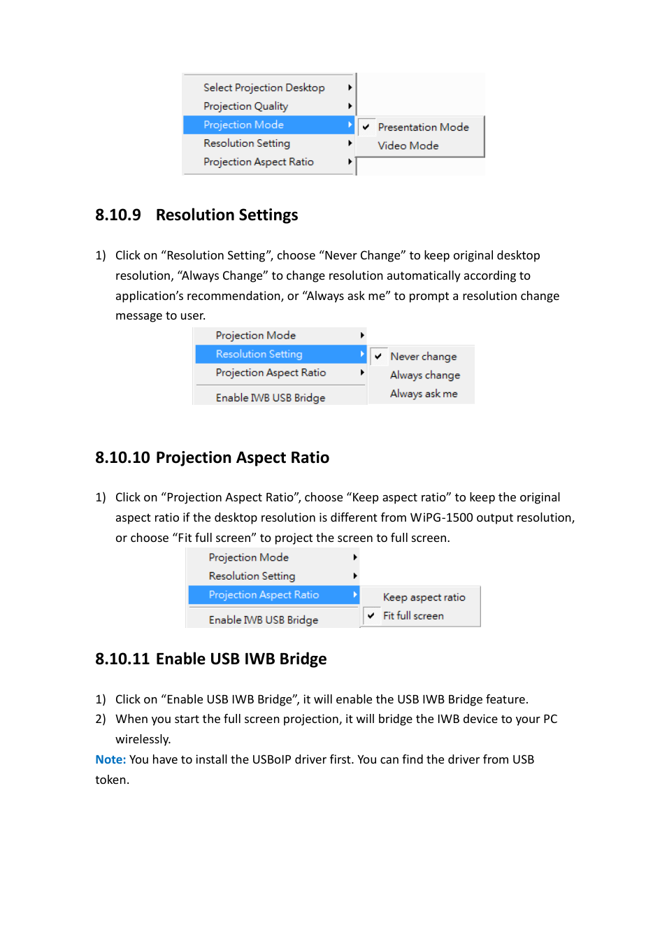 9 resolution settings, 10 projection aspect ratio, 11 enable usb iwb bridge | Awind wePresent WiPG-1500 User's Manual User Manual | Page 34 / 68