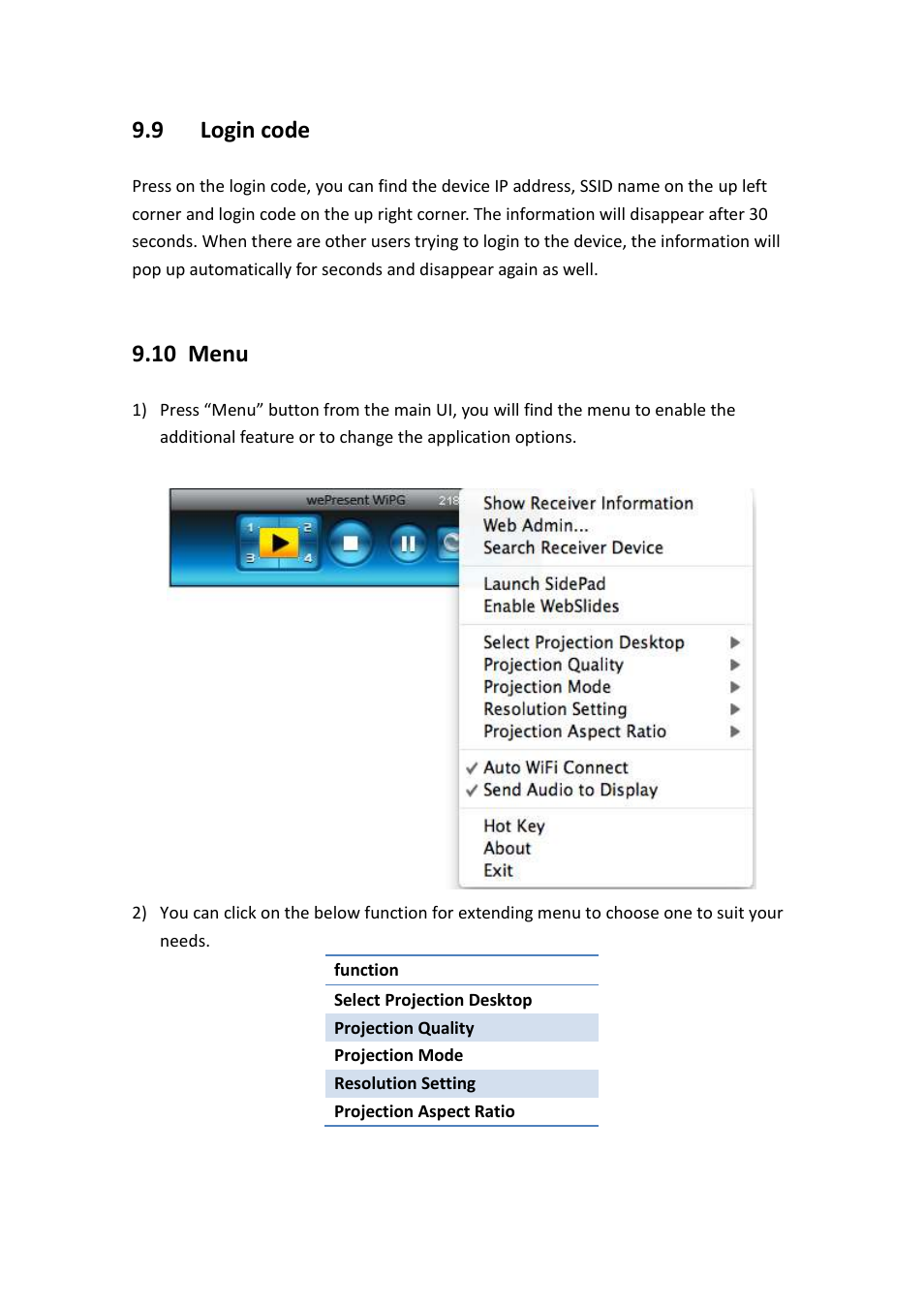9 login code, 10 menu | Awind wePresent WiPG-1500 User's Manual User Manual | Page 46 / 68