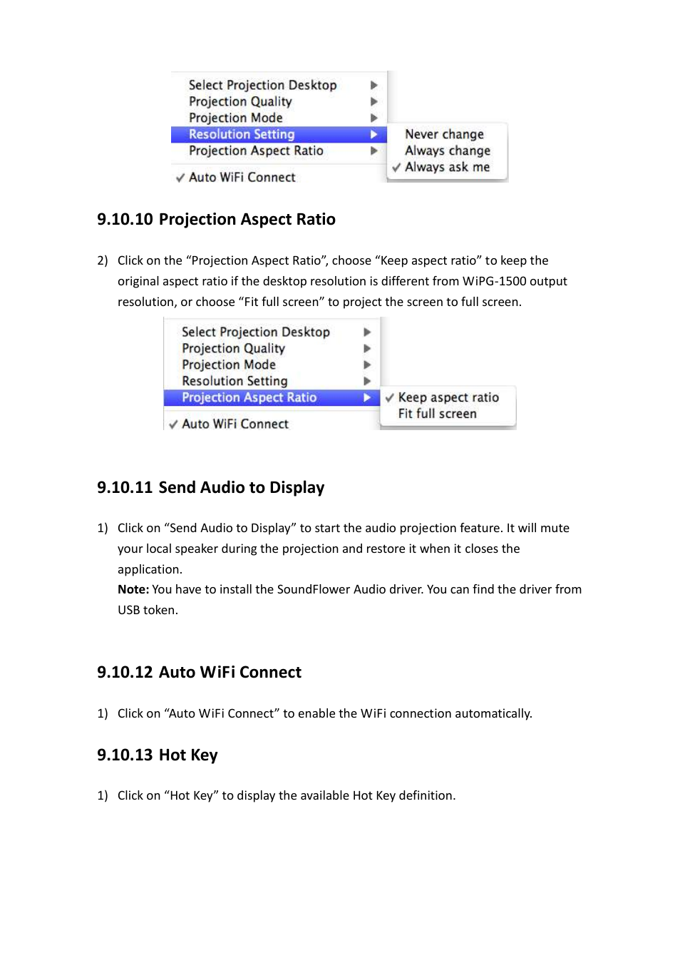 10 projection aspect ratio, 11 send audio to display, 12 auto wifi connect | 13 hot key | Awind wePresent WiPG-1500 User's Manual User Manual | Page 52 / 68