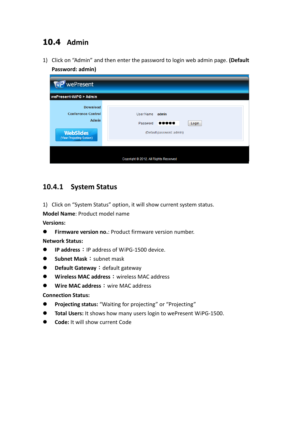 4 admin, 1 system status | Awind wePresent WiPG-1500 User's Manual User Manual | Page 57 / 68