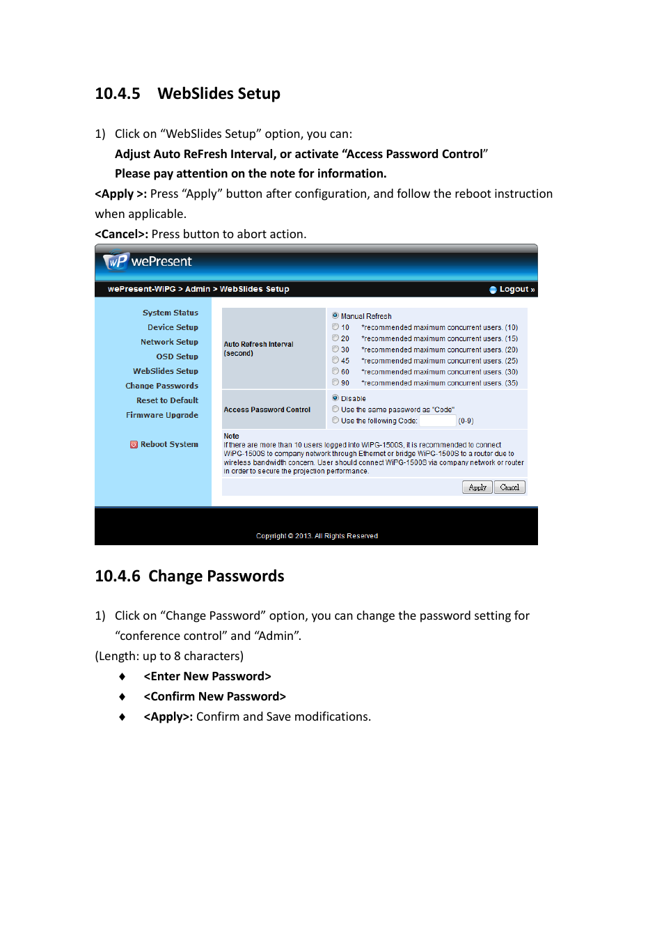 5 webslides setup, 6 change passwords | Awind wePresent WiPG-1500 User's Manual User Manual | Page 64 / 68