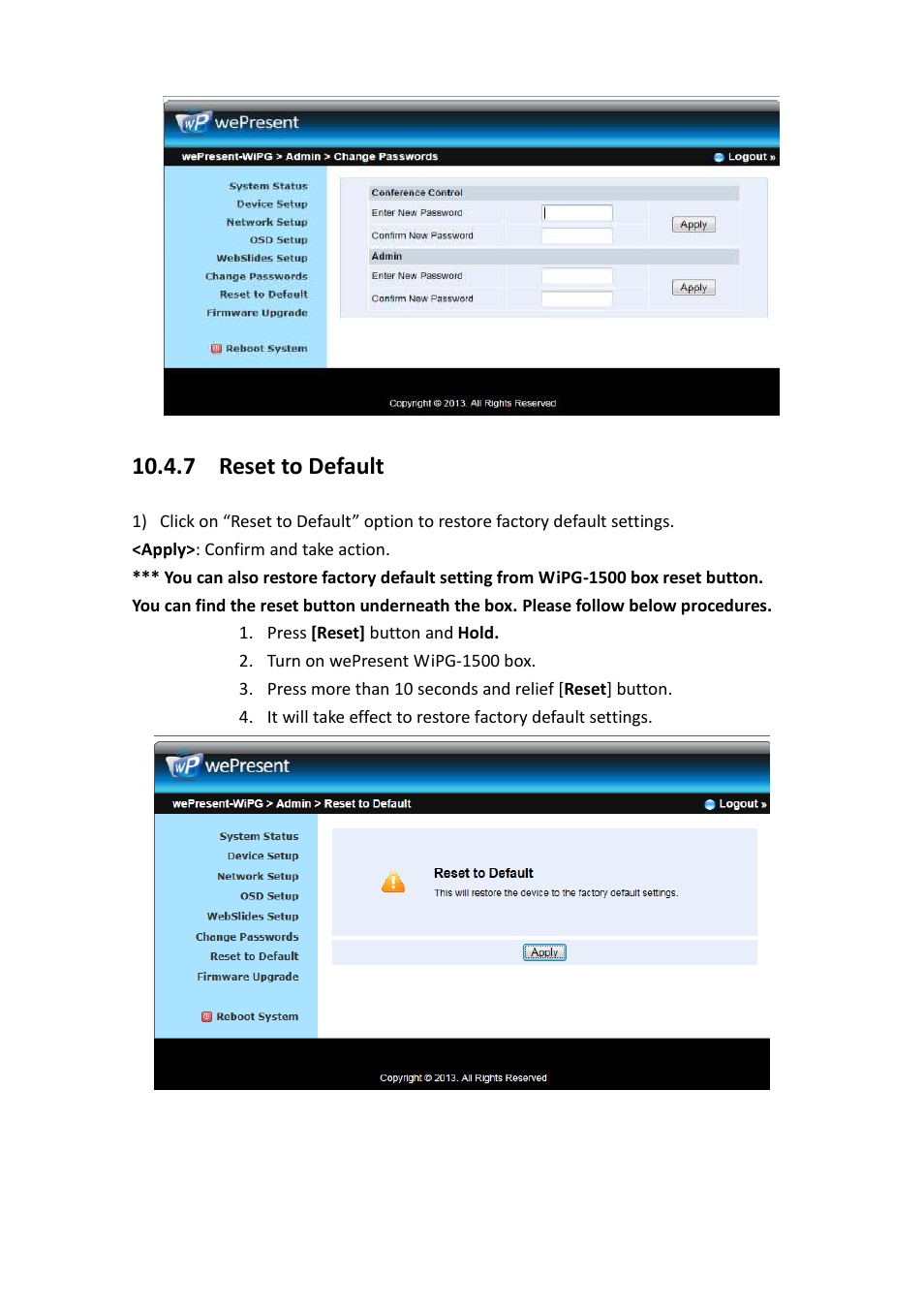 7 reset to default | Awind wePresent WiPG-1500 User's Manual User Manual | Page 65 / 68
