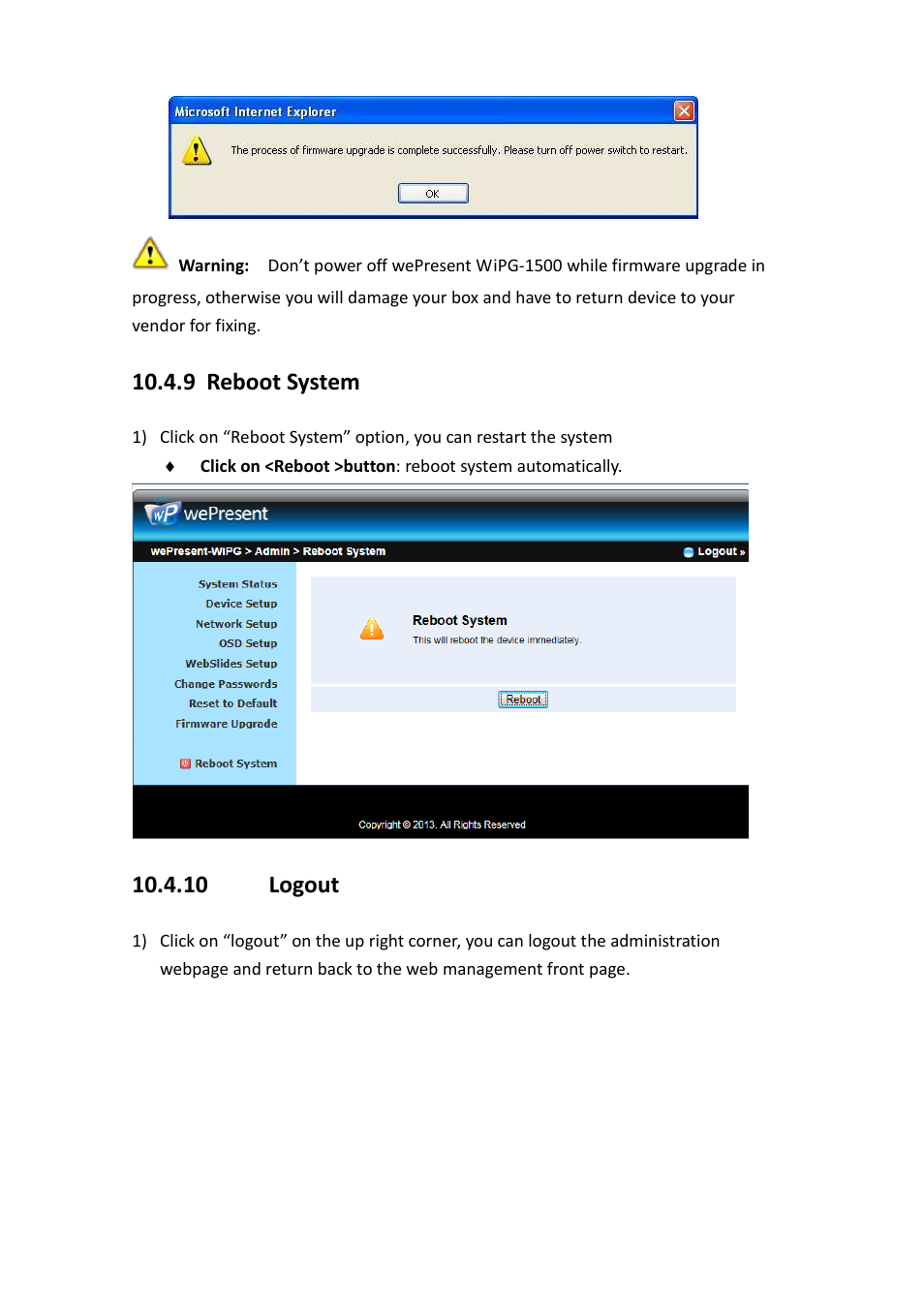 9 reboot system, 10 logout | Awind wePresent WiPG-1500 User's Manual User Manual | Page 67 / 68