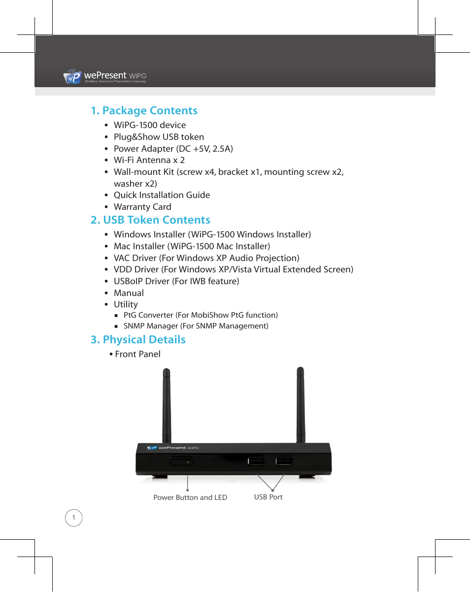 Package contents, Usb token contents, Physical details | Awind wePresent WiPG-1500 Quick Install Guide User Manual | Page 2 / 24
