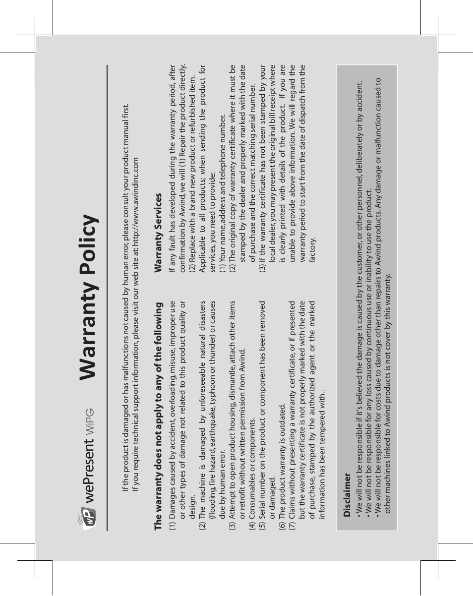 Warranty policy, 產品保固書, Wipg-1500 | 請將下列資料填妥後加蓋經銷店章妥善保存, War ran ty s er vic es | Awind wePresent WiPG-1500 Quick Install Guide User Manual | Page 23 / 24