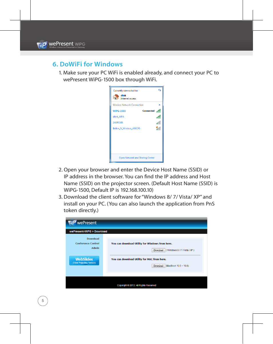Dowifi for windows, Wipg-1500 | Awind wePresent WiPG-1500 Quick Install Guide User Manual | Page 6 / 24