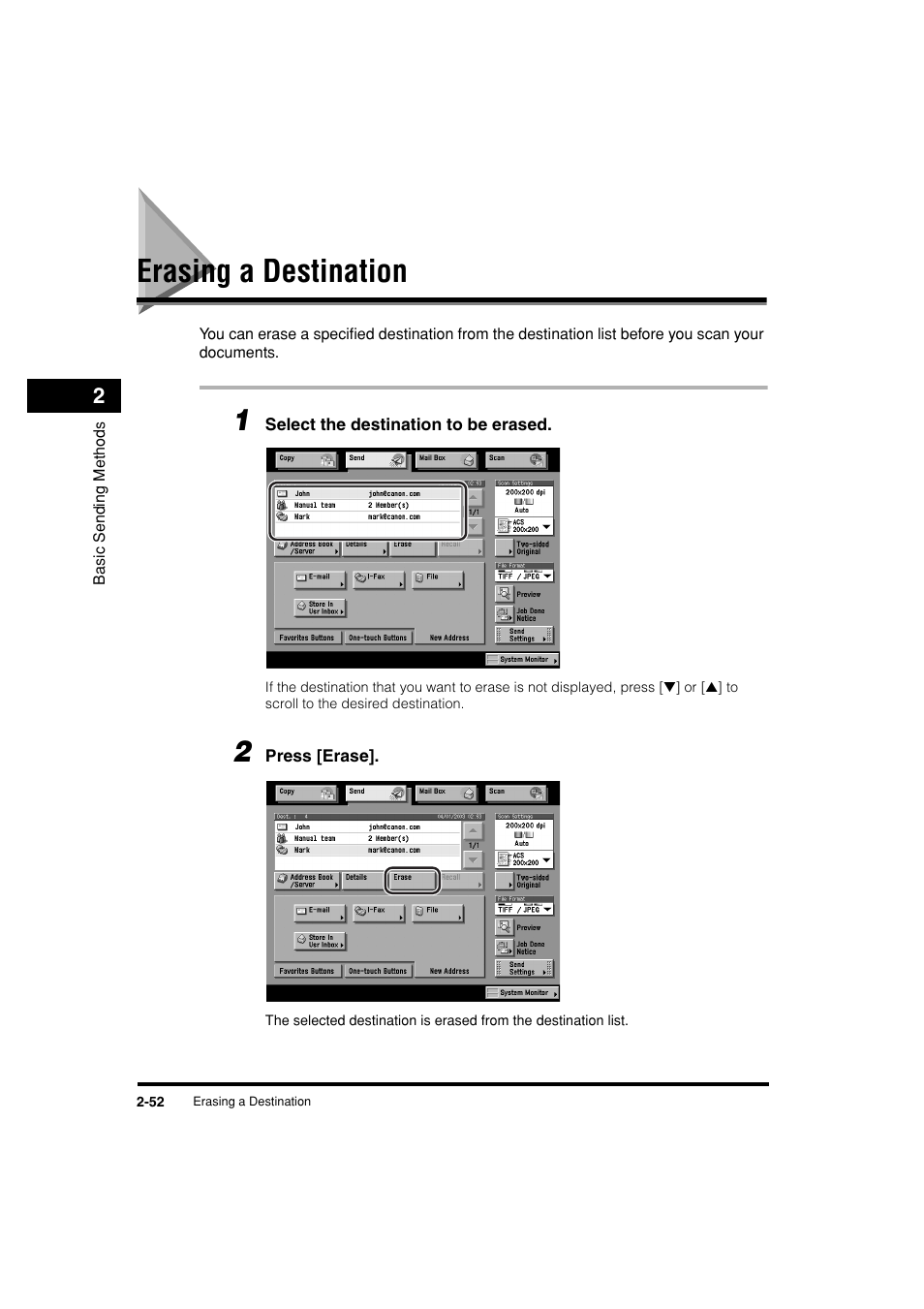 Erasing a destination, Erasing a destination -52, See p. 2-52 | See "erasing a destination," on p. 2-52.) | Canon C3200 User Manual | Page 115 / 563