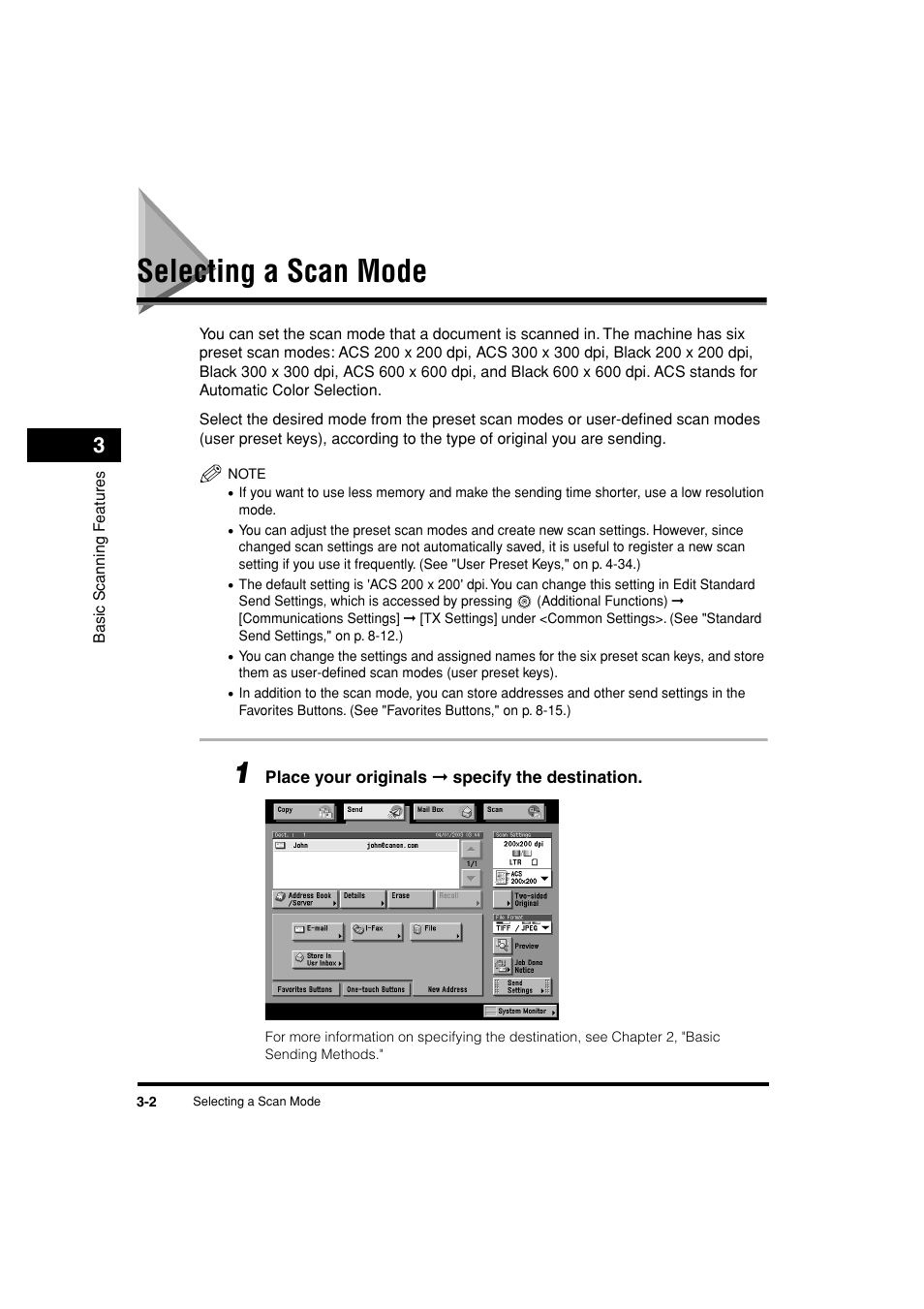 Selecting a scan mode, Selecting a scan mode -2, P. 3-2 | See "selecting a scan mode," on p. 3-2.), See p. 3-2 | Canon C3200 User Manual | Page 117 / 563