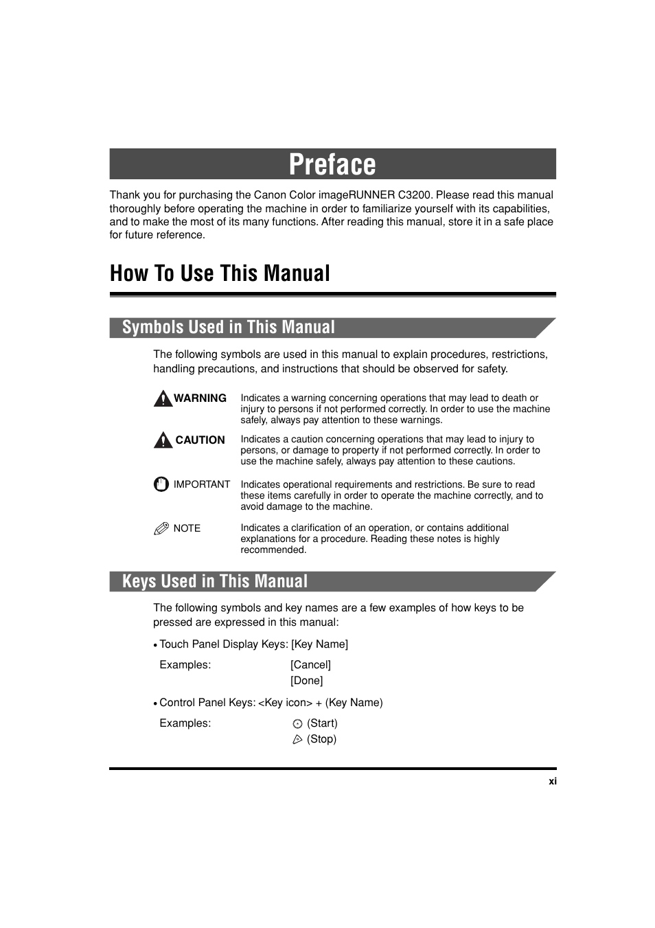 Preface, How to use this manual, Symbols used in this manual | Keys used in this manual | Canon C3200 User Manual | Page 12 / 563