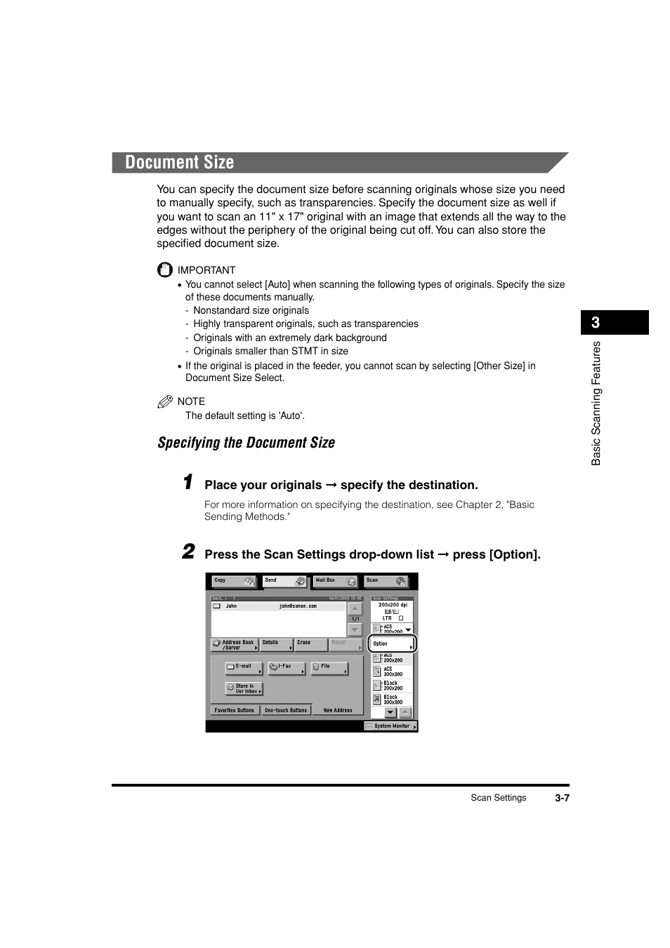 Document size, Document size -7, Specifying the document size -7 | See p. 3-7, See "document size," on p. 3-7.) | Canon C3200 User Manual | Page 122 / 563