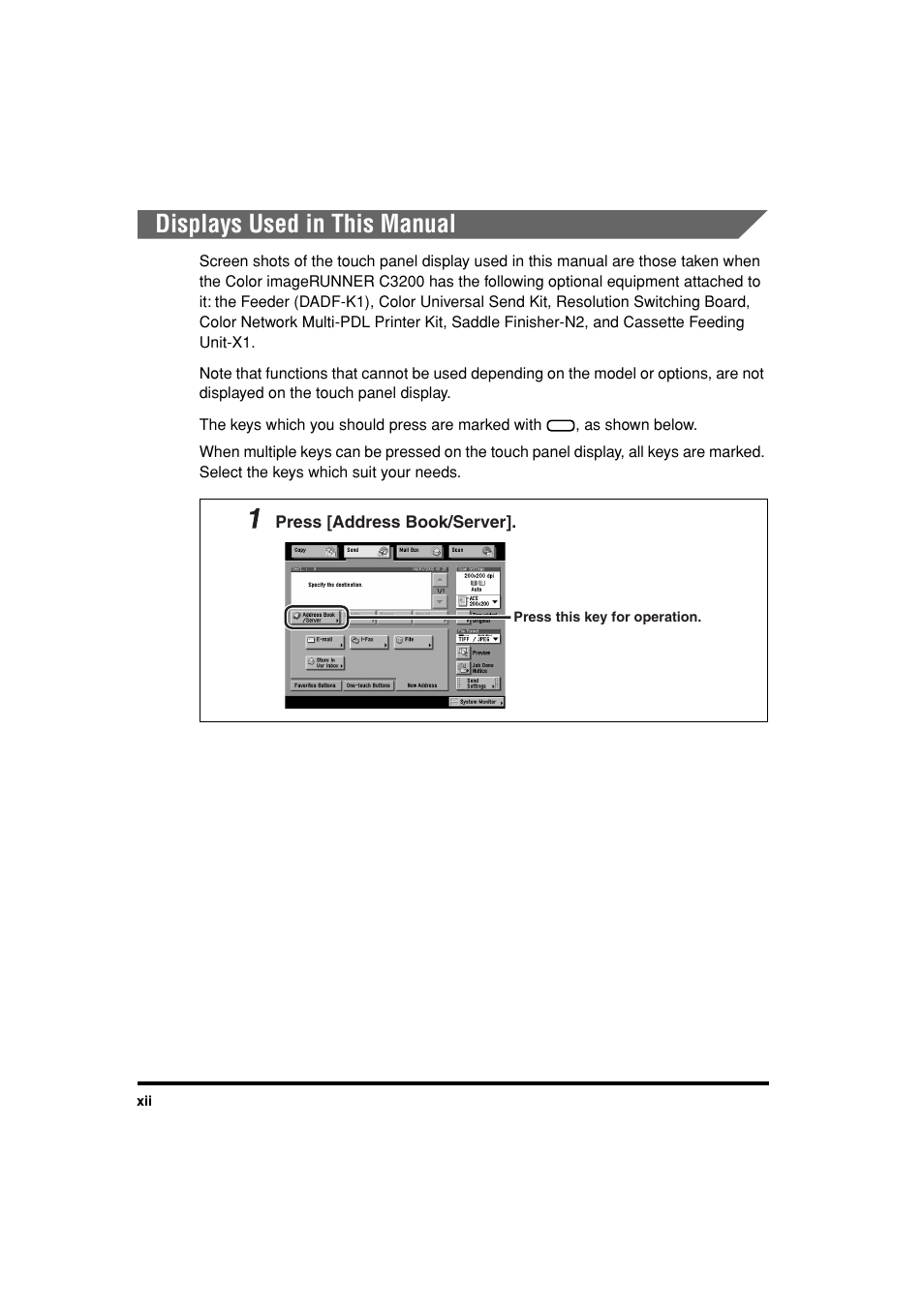 Displays used in this manual | Canon C3200 User Manual | Page 13 / 563