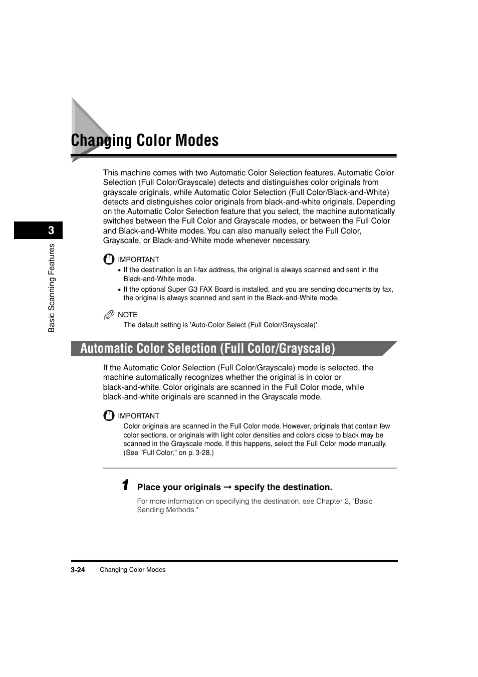 Changing color modes, Automatic color selection (full color/grayscale), Changing color modes -24 | See "changing color modes," on p. 3-24.), See p. 3-24 | Canon C3200 User Manual | Page 139 / 563
