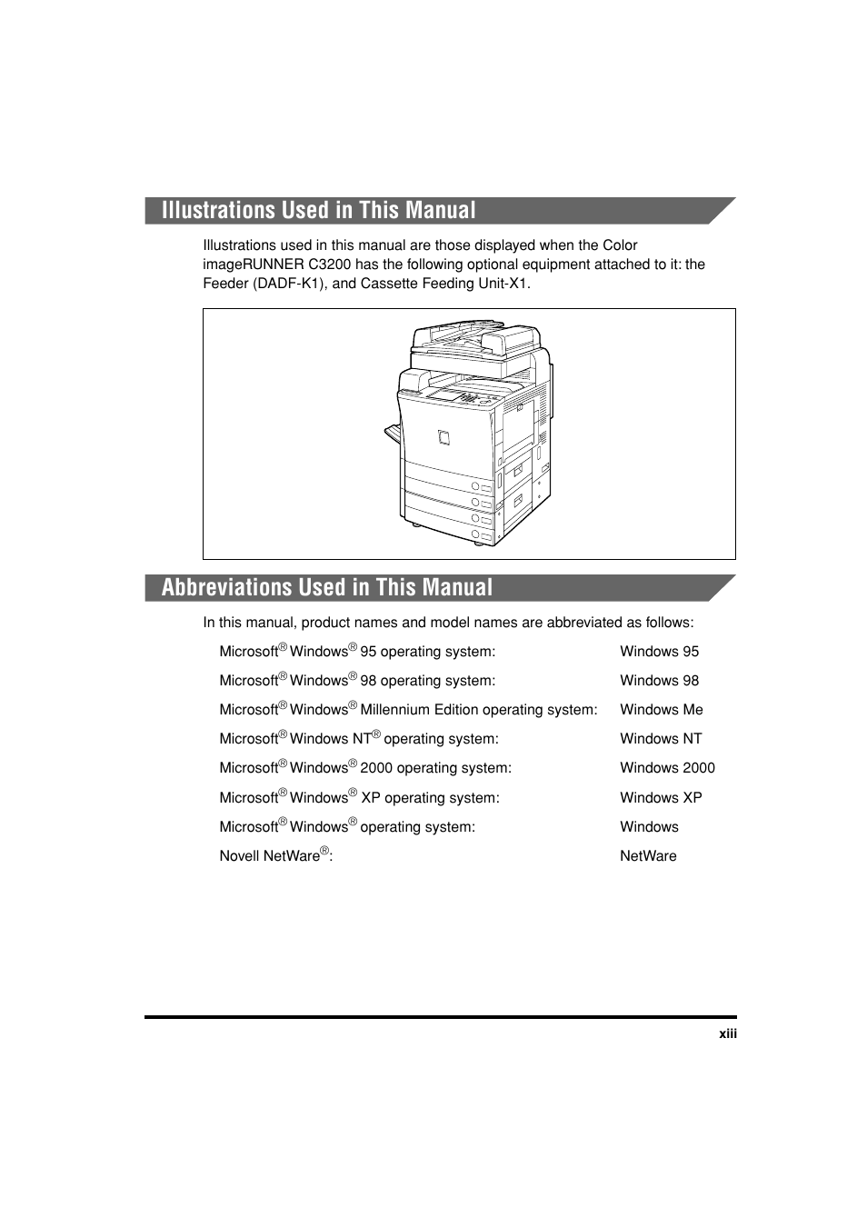 Illustrations used in this manual, Abbreviations used in this manual | Canon C3200 User Manual | Page 14 / 563