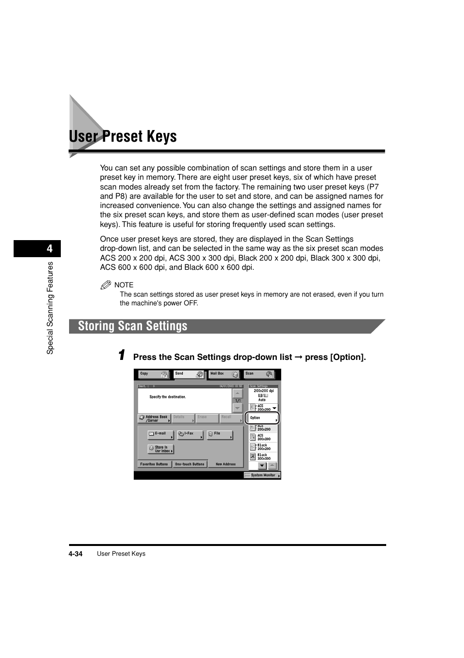 User preset keys, Storing scan settings, User preset keys -34 | Storing scan settings -34, See p. 4-34, See "user preset keys," on p. 4-34.) | Canon C3200 User Manual | Page 181 / 563