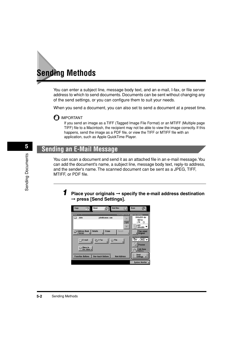 Sending methods, Sending an e-mail message, Sending methods -2 | Sending an e-mail message -2, See p. 5-2, See "sending methods," on p. 5-2.) | Canon C3200 User Manual | Page 191 / 563