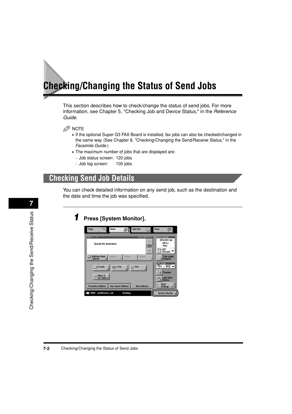 Checking/changing the status of send jobs, Checking send job details, Checking/changing the status of send jobs -2 | Checking send job details -2 | Canon C3200 User Manual | Page 257 / 563