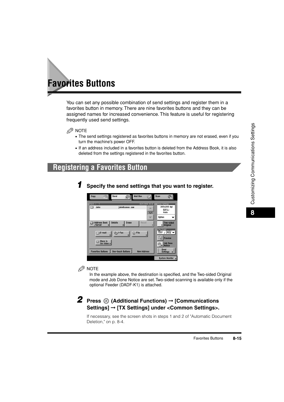 Favorites buttons, Registering a favorites button, Favorites buttons -15 | Registering a favorites button -15, See "favorites buttons," on p. 8-15.), P. 8-15 | Canon C3200 User Manual | Page 294 / 563