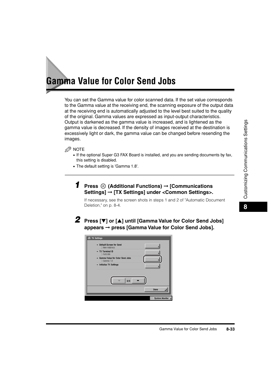 Gamma value for color send jobs, Gamma value for color send jobs -33, P. 8-33 | Canon C3200 User Manual | Page 312 / 563