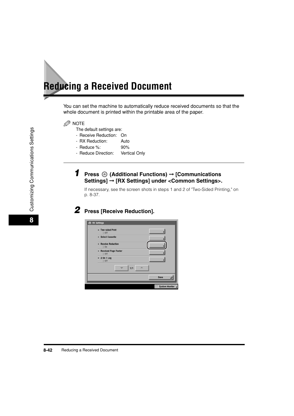 Reducing a received document, Reducing a received document -42, P. 8-42 | Canon C3200 User Manual | Page 321 / 563