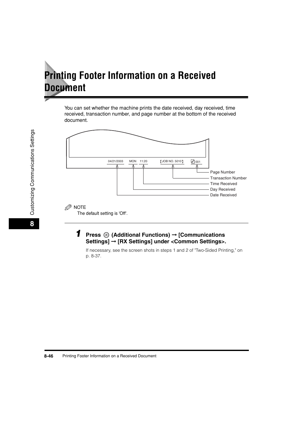 Printing footer information on a received document, P. 8-46 | Canon C3200 User Manual | Page 325 / 563