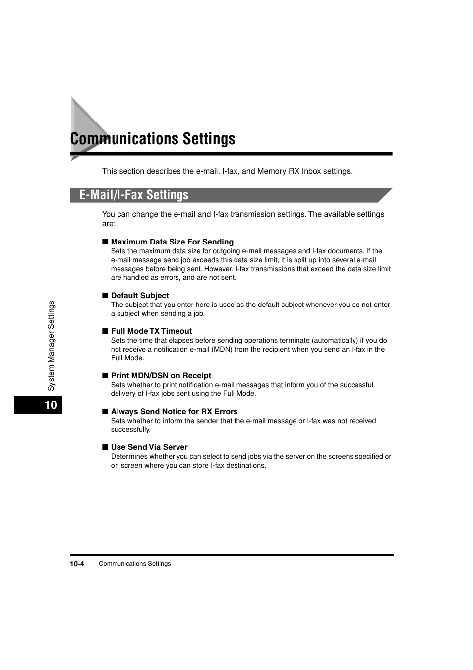 Communications settings, E-mail/i-fax settings, Communications settings -4 | E-mail/i-fax settings -4, P. 10-4 | Canon C3200 User Manual | Page 423 / 563